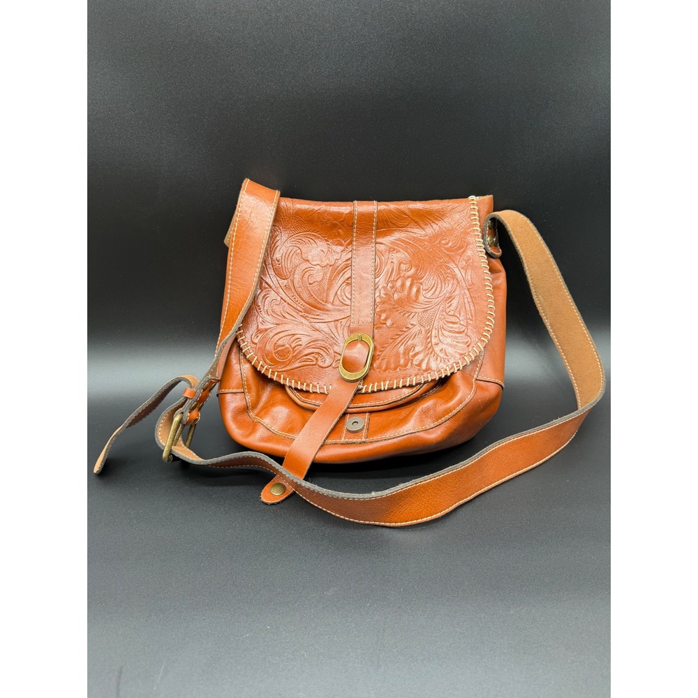 Patricia Nash Tan Leather Tooled Floral Crossbody Bag Whipstitch Messenger Boho